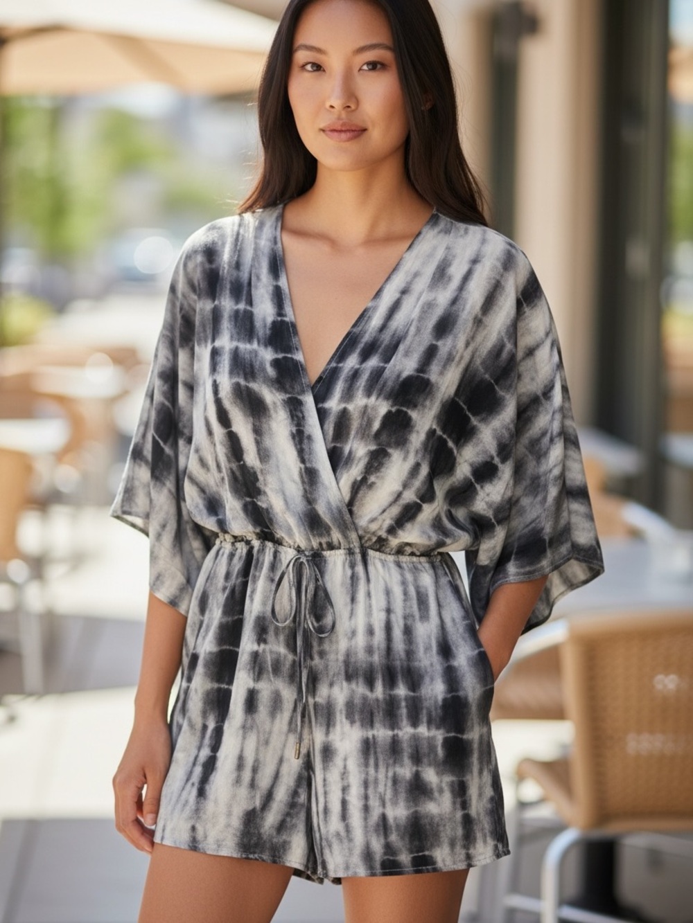 Womens Black & White Tie-Dye Surplice Romper